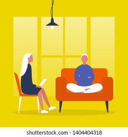 Young character visiting a psychologist doctor. Mental health care. Flat illustration. Patient sitting on a sofa with arms crossed. Young doctor listening to a patient and making notes. Psychotherapy