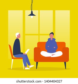 Young character visiting a psychologist doctor. Mental health care. Flat illustration. Patient sitting on a sofa with arms crossed. Young doctor listening to a patient and making notes. Psychotherapy