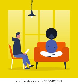 Young character visiting a psychologist doctor. Mental health care. Flat illustration. Patient sitting on a sofa with arms crossed. Young doctor listening to a patient and making notes. Psychotherapy