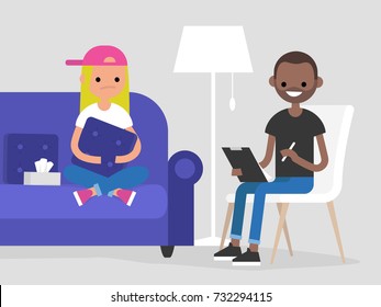 Young character visiting a psychologist doctor. Mental health care. Flat illustration. Patient sitting on a sofa and hugging a pillow. Young friendly doctor listening to a patient and making notes