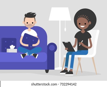 Young character visiting a psychologist doctor. Mental health care. Flat illustration. Patient sitting on a sofa and hugging a pillow. Young friendly doctor listening to a patient and making notes