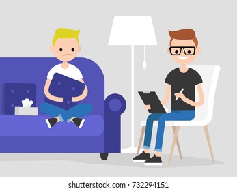 Young character visiting a psychologist doctor. Mental health care. Flat illustration. Patient sitting on a sofa and hugging a pillow. Young friendly doctor listening to a patient and making notes