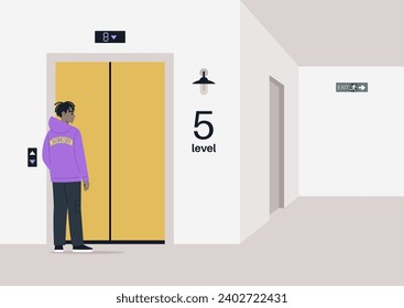 A young character waits for an elevator, standing before the closed doors and checking the display