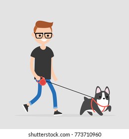 Young character walking a dog. Pet owner. Flat editable vector illustration, clip art