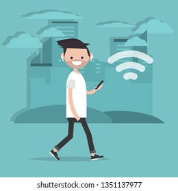 Young character walking down the street with wireless headphones.Wireless icon.Flat cartoon design