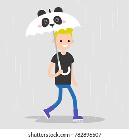 Young character walking under an umbrella with a panda muzzle. Spring showers. Flat editable vector illustration, clip art