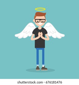 Young character wearing angel costume: nimbus and wings / flat editable vector illustration, clip art