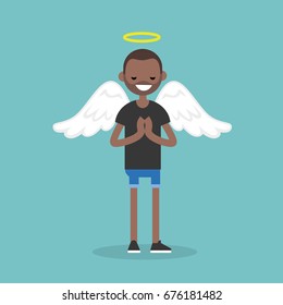 Young character wearing angel costume: nimbus and wings / flat editable vector illustration, clip art