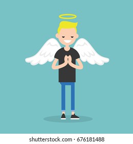 Young character wearing angel costume: nimbus and wings / flat editable vector illustration, clip art