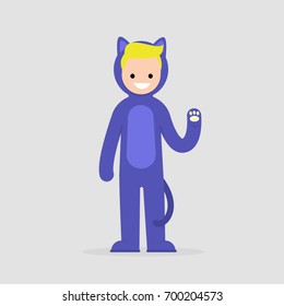Young character wearing a cat costume. Funny cosplay outfit. Flat editable vector illustration, clip art