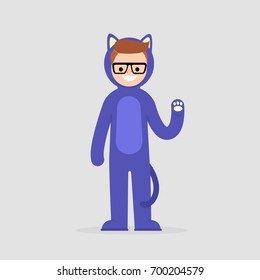 Young character wearing a cat costume. Funny cosplay outfit. Flat editable vector illustration, clip art