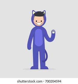 Young character wearing a cat costume. Funny cosplay outfit. Flat editable vector illustration, clip art