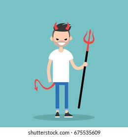 Young character wearing devil elements: horns, tail and trident / flat editable vector illustration, clip art