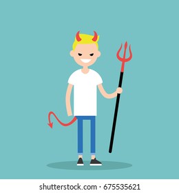 Young character wearing devil elements: horns, tail and trident / flat editable vector illustration, clip art