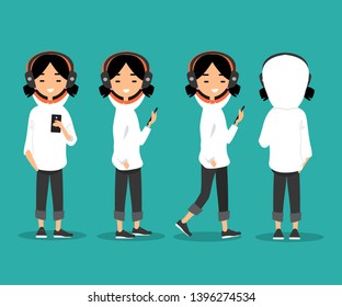 Young character wearing earphones and listening music on his smart phone.Front and back view.flat cartoon design