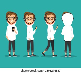 Young character wearing earphones and listening music on his smart phone.Front and back view.flat cartoon design