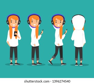 Young character wearing earphones and listening music on his smart phone.Front and back view.flat cartoon design