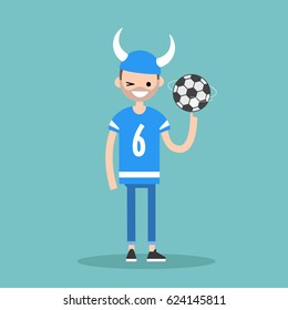Young character wearing football form spinning a ball / flat editable vector illustration, clip art