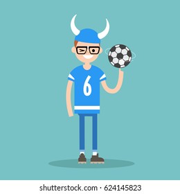 Young character wearing football form spinning a ball / flat editable vector illustration, clip art