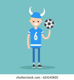 Young character wearing football form spinning a ball / flat editable vector illustration, clip art