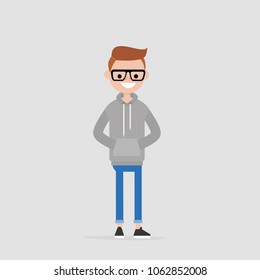 Young character wearing grey hoodie and blue jeans. Casual daily style. Millennial lifestyle. Flat editable vector illustration, clip art