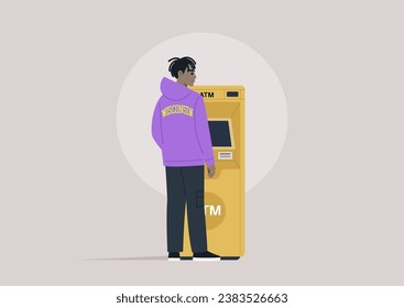 A young character wearing a hoodie and cargo pants, seen from behind, standing next to an ATM machine while withdrawing cash