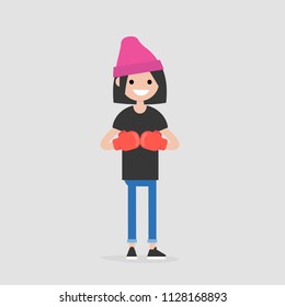 Young character wearing the red boxer gloves. Defence concept. Flat editable vector illustration, clip art