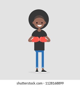 Young character wearing the red boxer gloves. Defence concept. Flat editable vector illustration, clip art