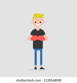 Young character wearing the red boxer gloves. Defence concept. Flat editable vector illustration, clip art