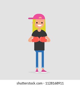 Young character wearing the red boxer gloves. Defence concept. Flat editable vector illustration, clip art