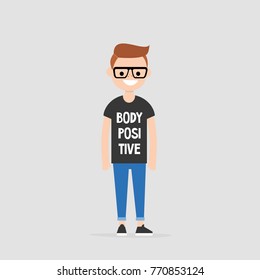 Young character wearing a t-shirt with a "body positive" sign. Normal shape. Flat editable vector illustration, clip art