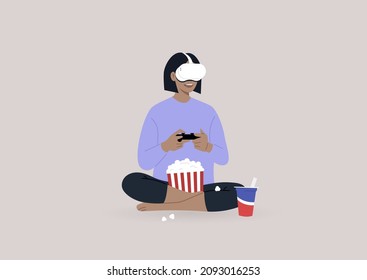 A young character wearing a VR headset, playing a video game console, and munching snacks, a wireless entertainment technology, modern lifestyle