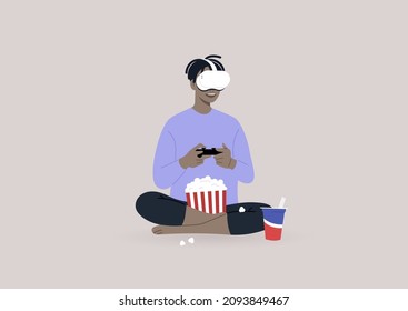 A young character wearing a VR headset, playing a video game console, and munching snacks, a wireless entertainment technology, modern lifestyle