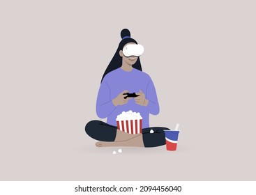 A young character wearing a VR headset, playing a video game console, and munching snacks, a wireless entertainment technology, modern lifestyle