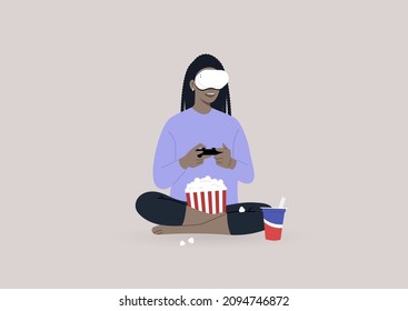A young character wearing a VR headset, playing a video game console, and munching snacks, a wireless entertainment technology, modern lifestyle