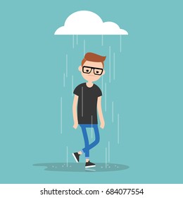 Young character weeping in the rain / flat editable vector illustration, clip art