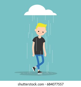 Young character weeping in the rain / flat editable vector illustration, clip art