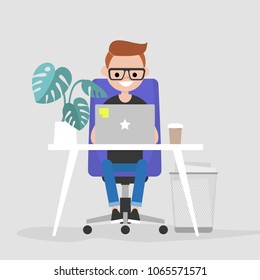 Young character working on the laptop in the office. Interior. Daily life. Millennials at work. Flat editable vector illustration, clip art