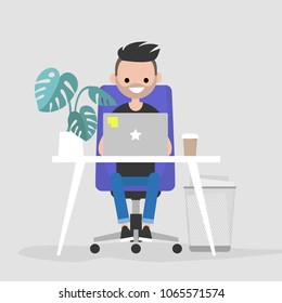 Young character working on the laptop in the office. Interior. Daily life. Millennials at work. Flat editable vector illustration, clip art