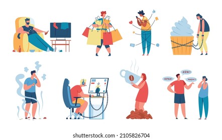 Young characters addicted to social media, gaming or tv. People with different addictions and bad habits, smoking addiction vector set. Man and woman problems with shopping, tobacco and caffeine