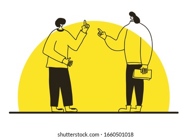 Young characters arguing each other. Two persons discussing about culture. Scene of family conflict. Bad relashionship. Quarrel. Vector illustration.