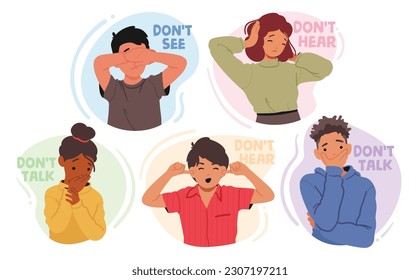 Young Characters Boy and Girls Closing Eyes, Ears and Mouth Like Three Wise Monkeys from the Saying. Kids Do Not See, Hear and Talk, Human Emotion and Body Language. Cartoon Vector Illustration