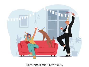 Young Characters Celebrate Home Party Sitting at Couch in Living Room with Funny Dog Drinking Cocktails or Alcohol. Friends Company Leisure, Spare Time, Celebration. Cartoon People Vector Illustration