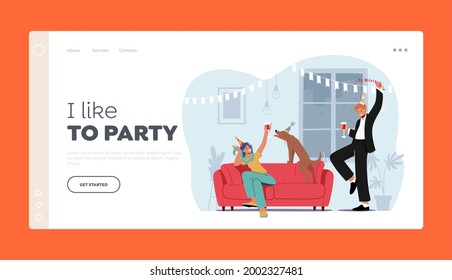 Young Characters Celebrate Home Party Landing Page Template. People Sitting at Couch in Living Room with Funny Dog, Drinking Cocktails. Friends Spare Time, Celebration. Cartoon Vector Illustration