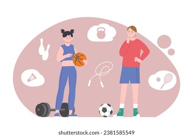 Los jóvenes personajes eligen la formación deportiva. Fútbol o baloncesto, tenis o boliche. Atletismo con equipos de baloncesto y deportivo, escena vectorial