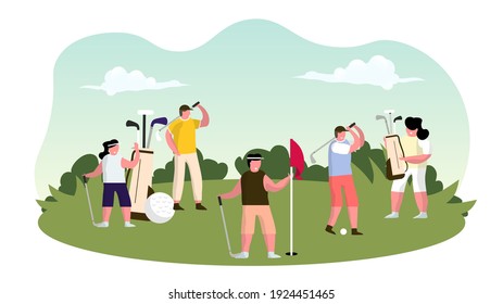 Personajes jóvenes con equipos y bolsas de golf, gente feliz relajándose en el campo de golf. Grupo de Jóvenes Jugando Golf en Campo con Grasa Verde