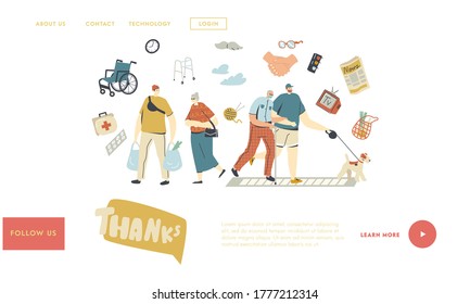 Young Characters Help Seniors Landing Page Template. Old Man Hold Hand of Boy Walking with Dog Together. Teenager Carry Bags with Products for Aged Woman. People Good Deals. Linear Vector Illustration