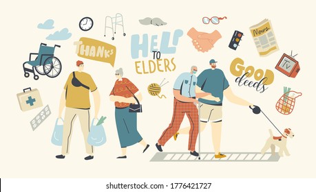 Young Characters Help Seniors. Old Man Hold Hand of Boy Walking with Dog Together. Teenager Carry Bags with Products for Aged Woman. Good Deals for Helpless Elderly People. Linear Vector Illustration