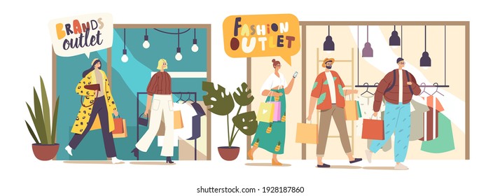 Young Characters Hold Colorful Shopping Bags Visiting Fashion Outlet. People With Paper Packs Shopping, Seasonal Sale, Discount, Shopaholic Purchasing Brand Clothes. Cartoon Vector Illustration