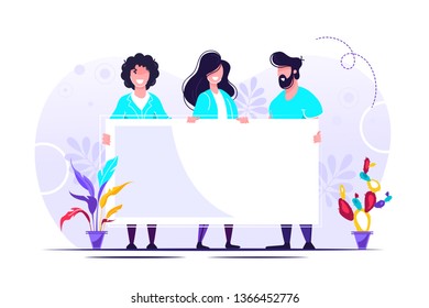 Young characters holding a sheet of white paper. Copy space. Your text here, template. Flat editable vector illustration, clip art